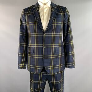 JOSEPH Chest Size 42 Navy Yellow Plaid Cotton Notch Lapel 34 30 Suit